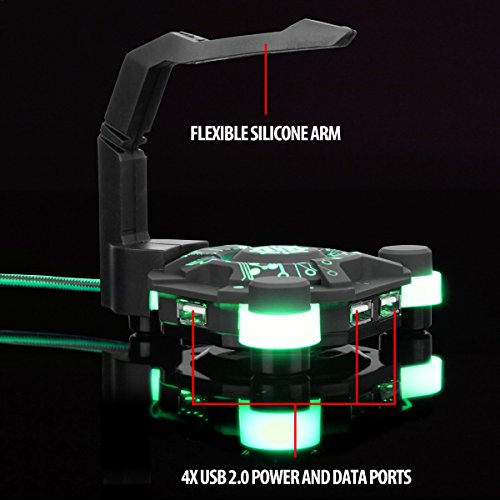 ENHANCE LED Gaming Mouse Bungee Cord Holder with 4-Port USB Hub - Green Lighting - Cable Management & Increased Accuracy for Pro eSports & Competitive Games