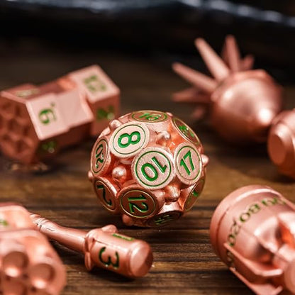 UDIXI RPG Metal Dice Set D&D, 7-Pieces Polyhedral Metal DND Dice Set Copper | Bomb Shape, Green Numbers, Solid Metal, Cool Design, Leather Pouch Packaging, for Dungeons and Dragons Role Playing Games - color: Copper Green