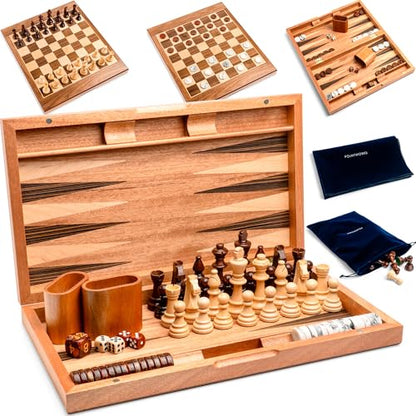 Pointworks 17 Inch Chess Checkers Backgammon Set for adults, Wooden chess set combo, portable folding two sided board multi game design, maple walnut inlay with large weighted pieces, acrylic checkers - style: Backgammon, Chess & Checkers