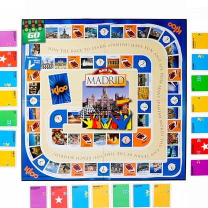 Spanish Board Game – Race to Madrid | Easy to Learn Words, Grammar, Verbs | Fun for Adults, Kids, Beginners, Classroom | 4 Decks Dynamic Flash Cards