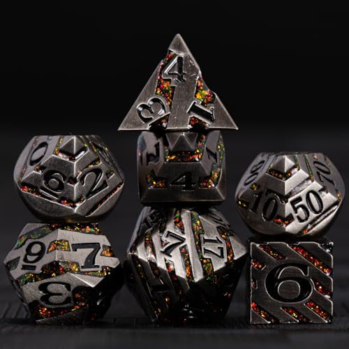 Premium Inlay Metal Dice Set, Heavy Zinc Alloy DND Dice for Serious RPG Players - color: Antique Nickel Red
