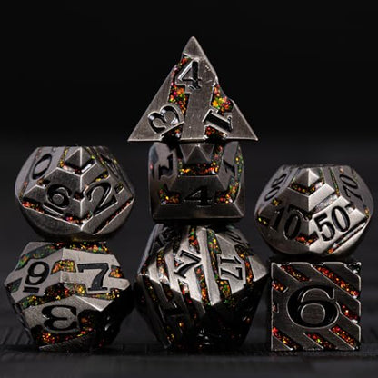 Premium Inlay Metal Dice Set, Heavy Zinc Alloy DND Dice for Serious RPG Players - color: Antique Nickel Red