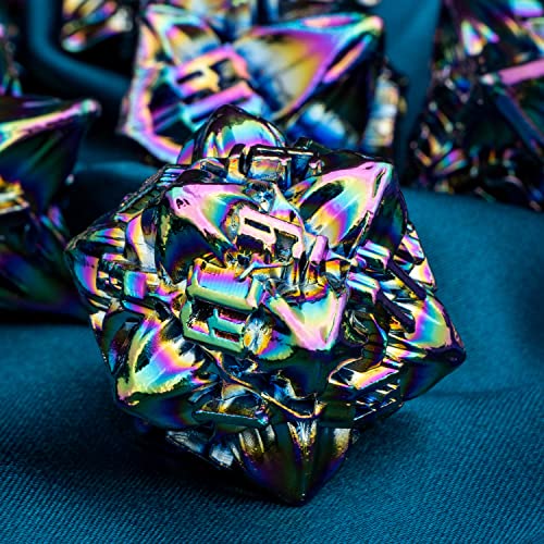 ARUOHHA DND Metal Dice Set Rainbow Leaf Design Polyhedral Dice with Box, 7PCS D and D Dice RPG Role Playing Games D20 D12 D10 D8 D6 - color: Leaves - Colorful