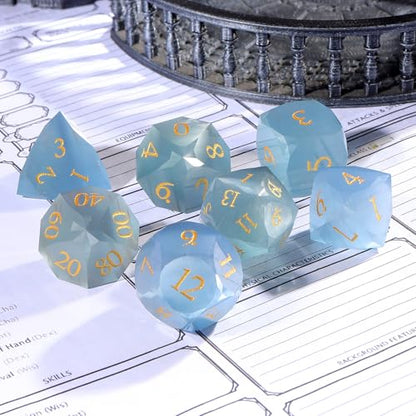 Natural Aquamarine Gemstone Dice Set, 7-Piece Handcrafted Polyhedral Dice with Gold Engraving, Ideal for D&D, RPG, MTG & Tabletop Games, Gift Box Included (Cat's Eye - Blue) - color: Cat's Eye - Blue