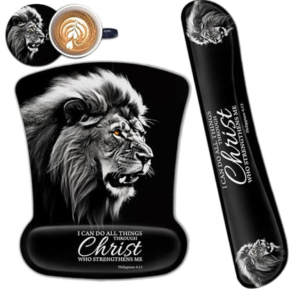 Black Mouse Pad with Ergonomic Wrist Support and Memory Foam Keyboard Wrist Rest, Non-Slip PU Base Gel Mouse Mat, Keyboard Palm Rest for Home Office Gaming Desk Pad Fierce Lion Philippians 4:13 - color: Yvb-mouse Pad -2-b-23