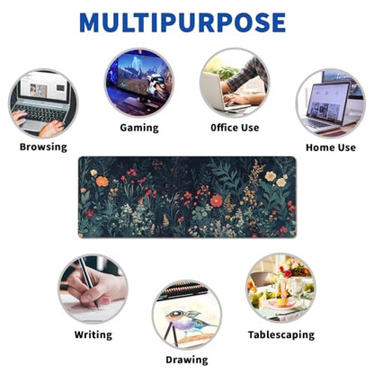 Flower Mouse Pad Abstract Big Mouse Pad 31.5x11.8 Inch Floral Texture Non-Slip Rubber Base Large Weeds Mousepad Stitched Edges Keyboard Mouse Mat Desk Pad for Office and Home - color: Flower 1