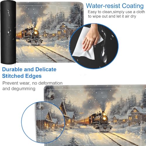 for MTG/TCG Playmat with Zones, 24 x 14 inches Trading Card Playmat with A Storage Bag and 6 Dice, Non-Lip Rubber Bottom Game Desk Mat, Steam Train in The Snowy Night - color: Yux-playmats-2-3A-252