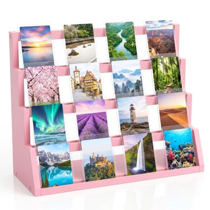 Junkin 4-Tier Pink Wooden Greeting Card Display Stand, Trading Cards Display Cases Tabletop for Idol Game Sports Collection Showcase, Ideal Gift for Card Collectors