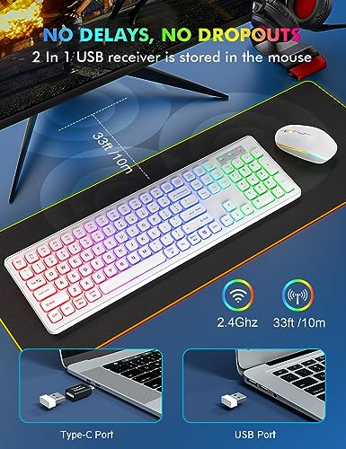 Wireless Keyboard and Mouse - RGB Backlit, Rechargeable & Light Up Letters, Full-Size, Ergonomic Tilt Angle, Sleep Mode, 2.4GHz Quiet Keyboard Mouse for Mac, Windows, Laptop, PC, Trueque(White) - color: White