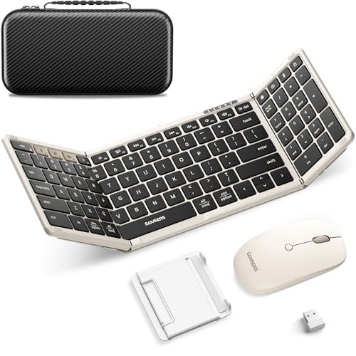 Foldable Keyboard and Mouse, Samsers Folding Bluetooth Keyboard Combo, 2.4G + BT5.0 x 2, Full-Size Portable Travel Keyboard & Rechargeable Wireless Mouse for Windows Android iOS Mac OS, Starlight - color: Starlight