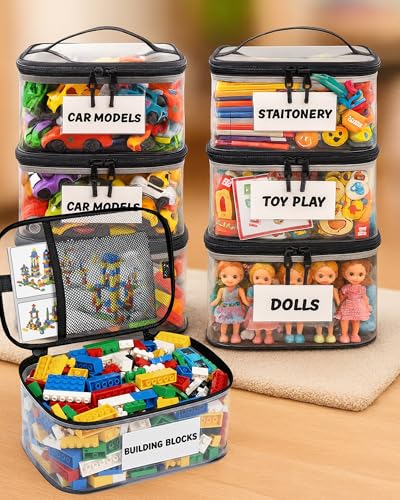 6 Pack Clear Toy Storage Bags with Tag & Pocket – Versatile Waterproof Organizer Bags for Lego Bricks, Board Games, Building Blocks, Puzzles, Dolls, Books - color: Black-M Size-6 Pack