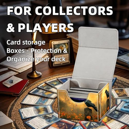 Trading Card Storage Box, Holds 100+ for MTG Cards, PU Leather with Magnetic Closure, Black Raven in Golden Flower Field Durable Deck Box for Magic the Gathering, Trading Card Games - color: Black Raven in Golden Flower Field