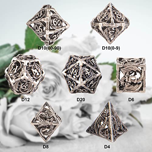 DND Dice,Hollow D&D Metal Dice,Dungeons and Dragons Dice Set with Gift Box,7 PCs Steampunk Polyhedral Dice Games Set for RPG,MTG,Pathfinder,(Dragon Ancient Silver) - color: Dragon Ancient Silver