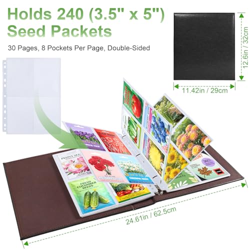 A4 3 Ring Binder Garden Seeds Storage Album with 30 Pcs 3.5x5” Seed Packet Sleeves, PU Leather Hardcover Organization Book for Seed Packet，Photo, Index Card，240 Top Loading Pockets Capacity - color: Black Seed Album