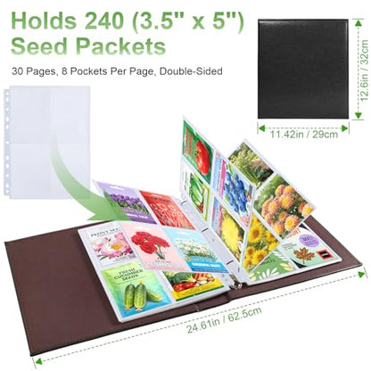 A4 3 Ring Binder Garden Seeds Storage Album with 30 Pcs 3.5x5” Seed Packet Sleeves, PU Leather Hardcover Organization Book for Seed Packet，Photo, Index Card，240 Top Loading Pockets Capacity - color: Black Seed Album