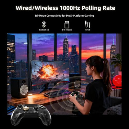 Voacle RG G01 Interactive Screen Wireless Gaming Controller Compatible with PC/Steam/Linux/Android/Switch/IOS 2.4G Wireless Bluetooth Controller Gamepad Hall Effect Triggers(Black) - color: Black
