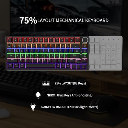 Newmen GM326 75% Percent Mechanical Keyboard,Wired Mini Backlit Hot Swappable Gaming Mechanical Keyboard with Knob,82 Keys Anti-Ghosting Compact Black Gaming Keyboards for PC Win Mac,Red Switch - color: Black