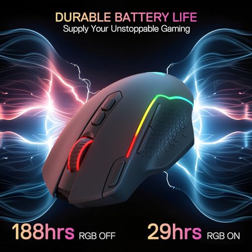 Redragon M810 MAX Wireless RGB Gaming Mouse 12000 DPI Remapping Keys | Cable-Free 0 Delay, Smooth Precise Tracking, Rapid-Fire Macro Keybinds, Vibing Backlight, Ergonomic Grip Body Comfort - color: Black, style: M810 PRO MAX