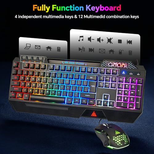 CHONCHOW Gaming Keyboard and Mouse Combo, Wired RGB Set for PC PS4 PS5 Xbox | Phone Holder, Ergo Wrist Rest, Full Size, Anti-Ghosting, USB Silent Light Up Keyboard, 7D 7200DPI Gaming Mouse, Mouse Pad