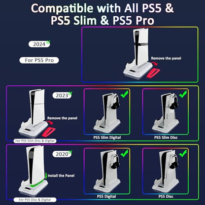 PS5/Slim/Pro Stand for PlayStation 5 Disc & Digital Console, PS5 Cooling & Charging Station, PS5 Controller Charger Incl.3 Level Fan,Headset, PS5/Slim/Pro Accessories Comes 3 USB Ports - color: White-1