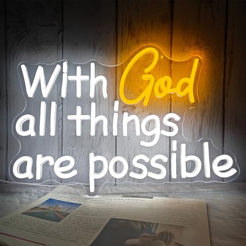 With God All Things Are Possible Neon Sign God Neon Lights for Wall Decor Light Up Religious Scripture Christian Bible Verses Sign Bibical Neon Wall Art - color: White+Yellow