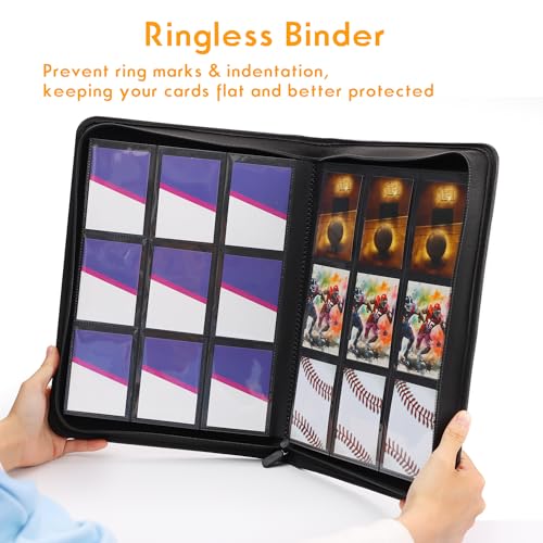 9 Pocket Trading Card Binder, Ringless Card Binder with Zipper for TCG and Sport Cards Collections, Holds 360 Cards with Side-Loading Pages, Black - color: 3.Black - 9 Pocket - 360 Slots