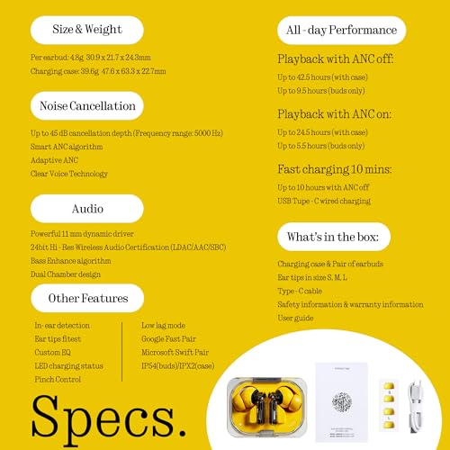 Nothing Ear (a) Wireless Earbuds, 45dB Hybrid Noise Cancelling Earbuds, Hi-Res Audio, Advanced Equaliser, Dual Connect, 6 Mics, 42.5H Playtime Ear Buds Wireless Bluetooth, Yellow - color: Yellow