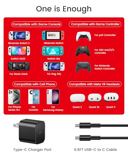 65W Switch 2 Charger with 6.6FT(2M) Cable - GaN3 AC Power Adapter for Nintendo Switch/OLED/Lite & Steam Deck/OLED, Original Quality, Supports 4K TV Mode, PD3.0 Fast Charger for PS4 Controller, Galaxy - size: 6.6FT/2M