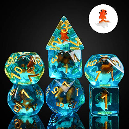 Cusdie 7-Die DND Dice, Polyhedral Dice Set Filled with Animal, for Role Playing Game D&D Dice (Red White Goldfish) - color: Red White Goldfish