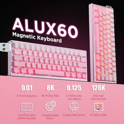 Alux60 Gaming Keyboard Wired, Hall Effect Magnetic Switch Aluminum Mechanical Keyboard, 8K Polling Rate, 0.125ms Ultra-Low Latency, 128K Scan Rate, Side Printed PBT Keycaps, RGB Backlit（Pink） - color: Pink