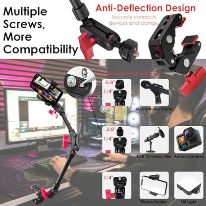 22" Magic Arm w Clamp Mount, Adjustable Overhead Phone Mount Stand, Articulating Friction Boom Arm w Thread Adapter for Webcam Tripod Light Video Rig Camera