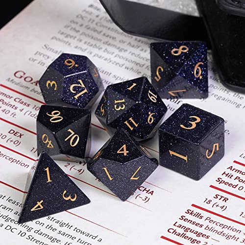 UDIXI Stone Dice Set Blue Sandstone Gemstone DND Dice for Tabletop Games | Natural Stone, Premium Gift Box, DM Gift, for Dungeons and Dragons Role Playing Games - color: Glossy Blue Sandstone