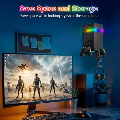 Fosmon Wall Mount for Xbox Series X/S Gaming Console Shelf Kit Stand | Mounted Storage Rack with RGB Ambient Light, Detachable Dual Controller Holder Stand, and Headphone Hanger Accessory Setup