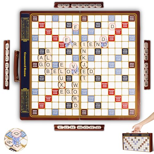 Crossword Game with Magnetic Letter Tiles, Foldable Board into Portable Carry Case, Luxury Edition Word Building Game with Rotating Wooden Board, Educational Family Board Game for 2-4 Players - color: Magnetic-white