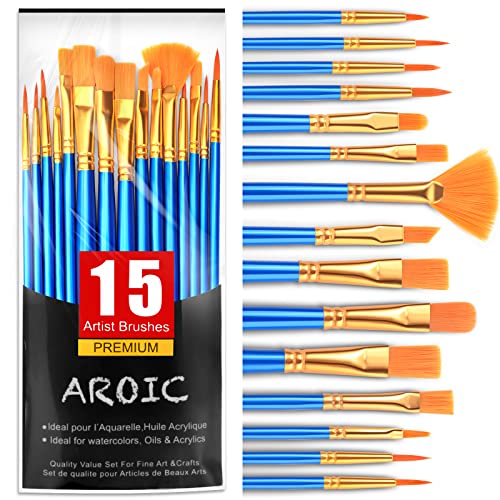 AROIC Acrylic Paint Brush Set, 15 pcs Nylon Hair Paint Brushes for All Purpose Oil Watercolor Face Body Rock Painting Artist, Small Painting Brush Kits for Kids Adult Drawing - size: 15pcs