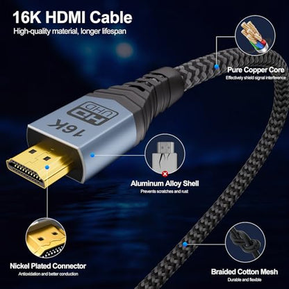 16K 10K 8K HDMI 2.2 Cable 16FT/5M, 96Gbps Ultra High Speed Hdmi Braided Cord Support 16K@60Hz 8K@240Hz 4K@480Hz, HDCP 2.2 & 2.3, HDR 10,eARC, DTS:X, for Roku TV/PS5/Blu-ray, Home Theater - size: 16FT
