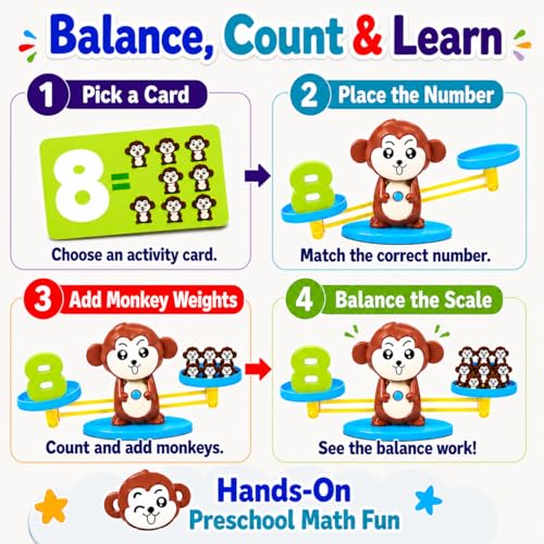 CozyBomB™ Monkey Scale Balance Toy, Number Counting Math Games | STEM Preschool Learning Toys Educational Gifts Boy Girl Birthdays Christmas for 3 4 5 Year olds Homeschool Kindergarten - color: Brown