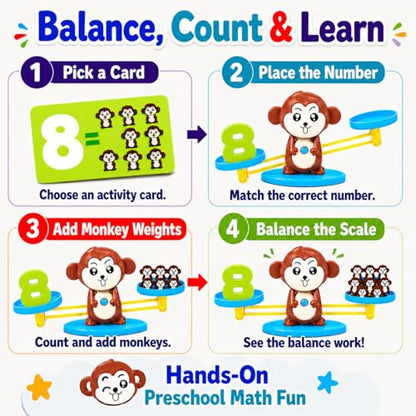 CozyBomB™ Monkey Scale Balance Toy, Number Counting Math Games | STEM Preschool Learning Toys Educational Gifts Boy Girl Birthdays Christmas for 3 4 5 Year olds Homeschool Kindergarten - color: Brown