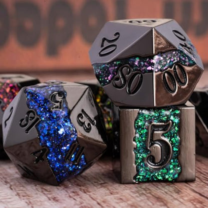 Galaxy Metal Dice Set, 7PCS Polyhedral DND Dice with Glitter Resin Inlay, Heavy Metal RPG Dice for Dungeons and Dragons Tabletop Games - color: Black Nickel Seven Colors