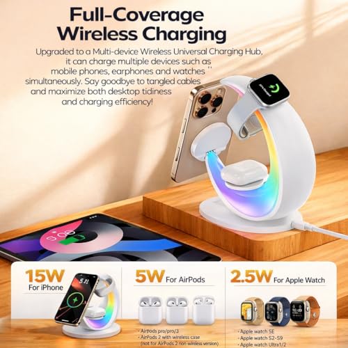 3 in 1 Magnetic Wireless Charging Station, Moon-Design | Magsafe Charger Stand, RGB Night Light, 15W Fast Wireless Charger, Foldable, For iPhone & Airpods & Watch