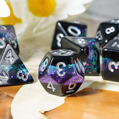 Foil DND Dice Set Black Polyhedral Dice Set D&D for Tabletop Games | Leather Storage Bag, DM Gift, for Dungeons and Dragons Role Playing Games - color: Black/Blue/Purple
