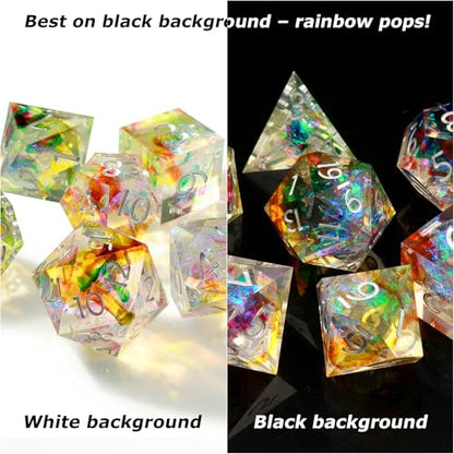 Haxtec Galaxy DND Dice Set Sharp Edge Resin Polyhedral Dice, Holographic Style D&D Dice with Metal Case, Handmade Irridescent Mylar Inside Dice Set for Dungeons and Dragons TTRPG, DND Gift - color: Rainbow