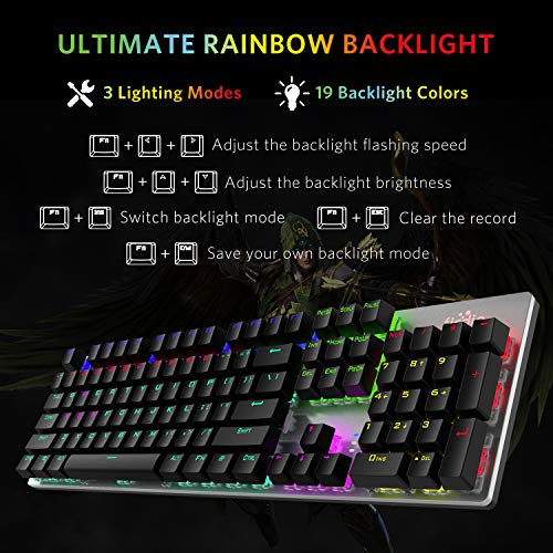 Mechanical Gaming Keyboard, Fantastic LED Rainbow Backlit Wired Keyboard, Full Anti-Ghosting Keys, with Quick-Response Blue Switches and Multimedia Control for PC and Desktop Computer