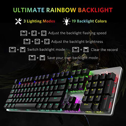 Mechanical Gaming Keyboard, Fantastic LED Rainbow Backlit Wired Keyboard, Full Anti-Ghosting Keys, with Quick-Response Blue Switches and Multimedia Control for PC and Desktop Computer