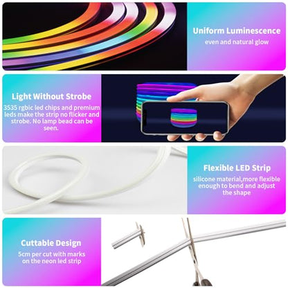 26FT LED Neon RGBIC Lights, Flexible IP65 Waterproof Outdoor LED Lights | with RF Remote & APP Control, Music Sync,DIY Design, 24V LED Strip Lights for Gaming Livingroom Wall Christmas Decor - size: Neon-RGB+IC-26ft