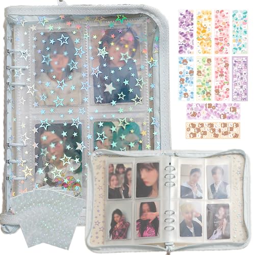 Kpop Photocard Binder A5 Kpop Photocard Holder Book with 50pc Holographic Photocard Sleeves&10 Korean Stickers, 6 Ring A5 Binder Photocard Album 25 Inner Pages with 200 Pockets - color: Lightblue