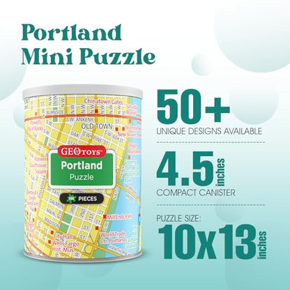 Geotoys Portland Mini City Puzzle - 100 Piece Puzzles for Kids and Adults in Portable Can, 13" x 10" Educational Travel Puzzle for Ages 7 and Up - Mini Puzzles to Learn & Explore Geography - style: Portland