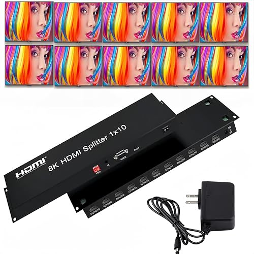8K HDMI Splitter 1×10 HDMI2.1 Replicator Distributor 1 in 10 Out Affordable Splitter Multi-Monitor 8K@60Hz Full Ultra-HD Supports EDID RS232 Rest Button 3D HDR 48Gbps for Xbox PS4 DVD HDTV etc - size: HDMI Splitter 1×10 8K@60HZ