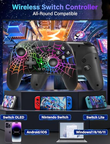 RJAD Switch Controllers for Nintendo Switch/OLED/Lite, Wireless Switch Pro Controller with 10 Colors Light, 1000mAh Rechargeable Switch Turbo Control with Vibration, 6-Axis Gyro, Turbo, Wake Up