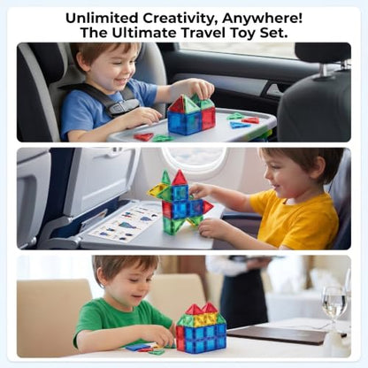 Mini Magnetic Tiles Travel Set – Airplane, Travel Activities for Toddlers & Kids Ages 4-8 - Car, Road Trip, Plane Toys & Essentials, STEM Building Blocks with Tin Case - 28 Pieces
